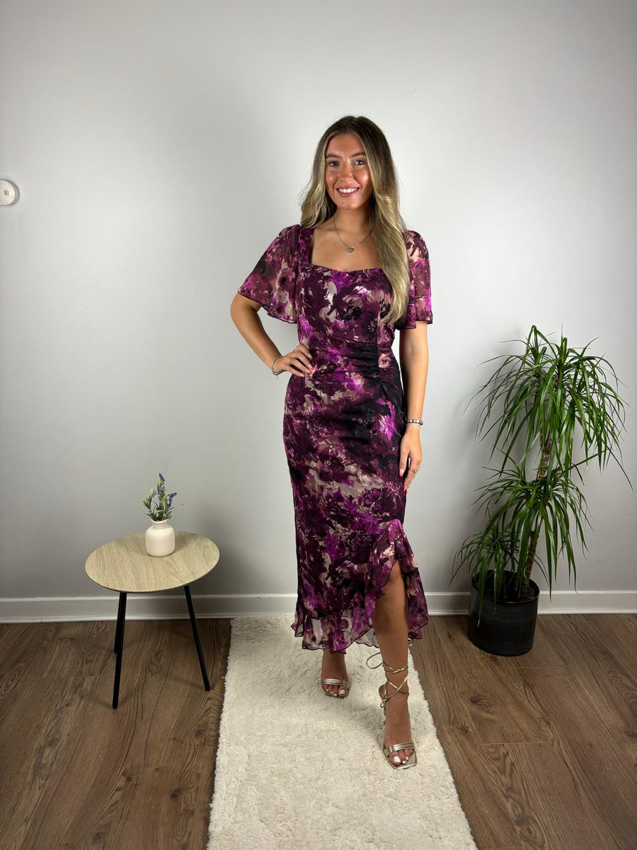 judith & charles purple silk floral midi dress Baltic Born Womens Judith Dress | Blue + Golden Floral
