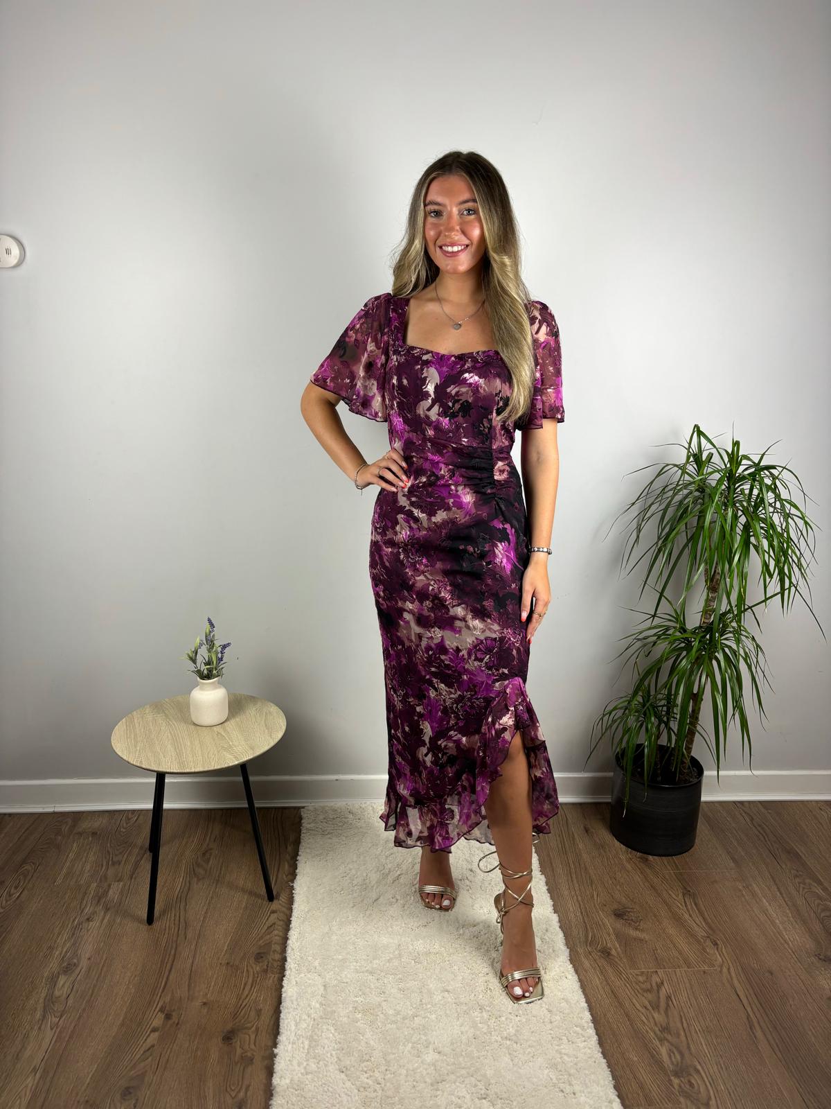 judith & charles midi purple silk flower dress Lilac Floral Casual Midi Dress: Celenia Lilac Floral / Large